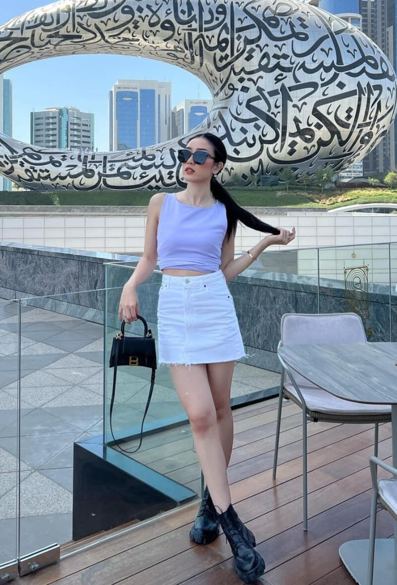 Natalia Natawijaya In Purple Crop Top With Short Skirt