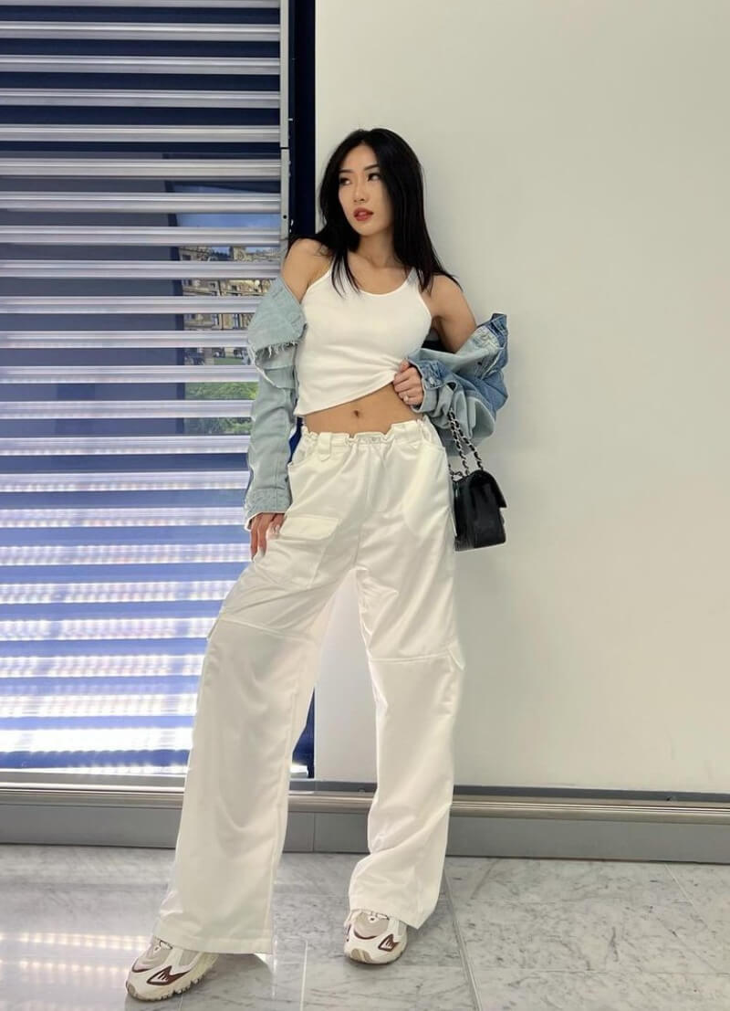 Natalia Natawijaya In White Co-Ord Set With Denim Jacket