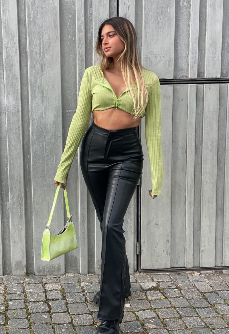 Rita Azeredo In Neon Crop Top With Leather Pants