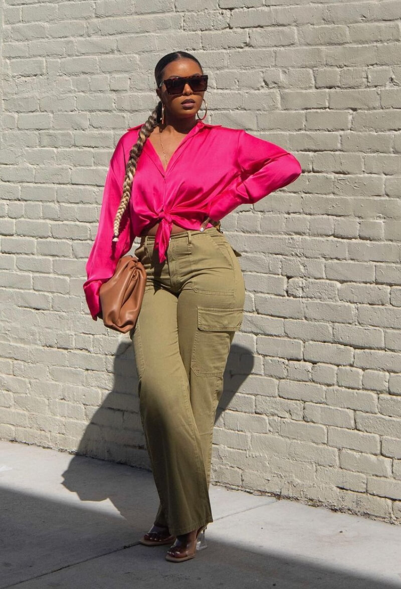 Tina Mengistu In Pink Crop Shirt With Cargo Pants