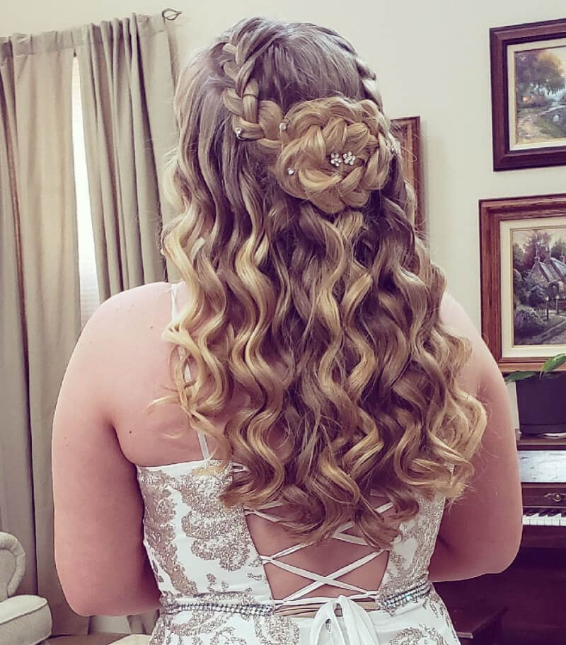 Braids With Floral Bun Over Curly Hair