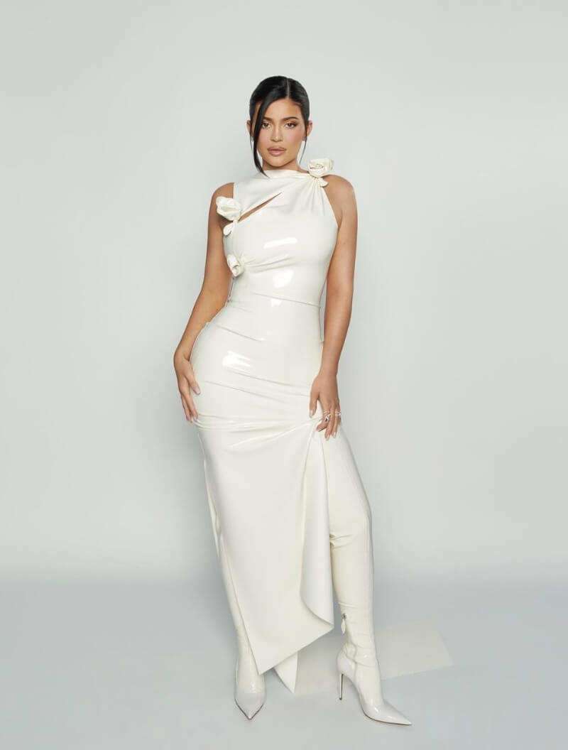 Kylie Jenner In Shiny White Cut-Out Long Dress